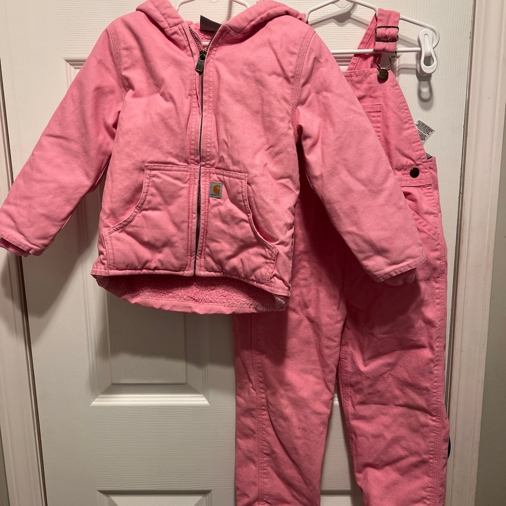Carhartt Toddler 4T Adjustable Overalls and Sherpa Lined Hooded Jacket Coat Pink